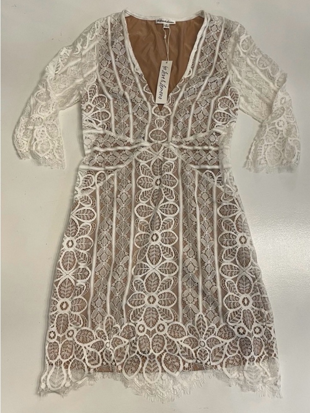 For Love & Lemons White Lace Midi Dress with Nude Lining